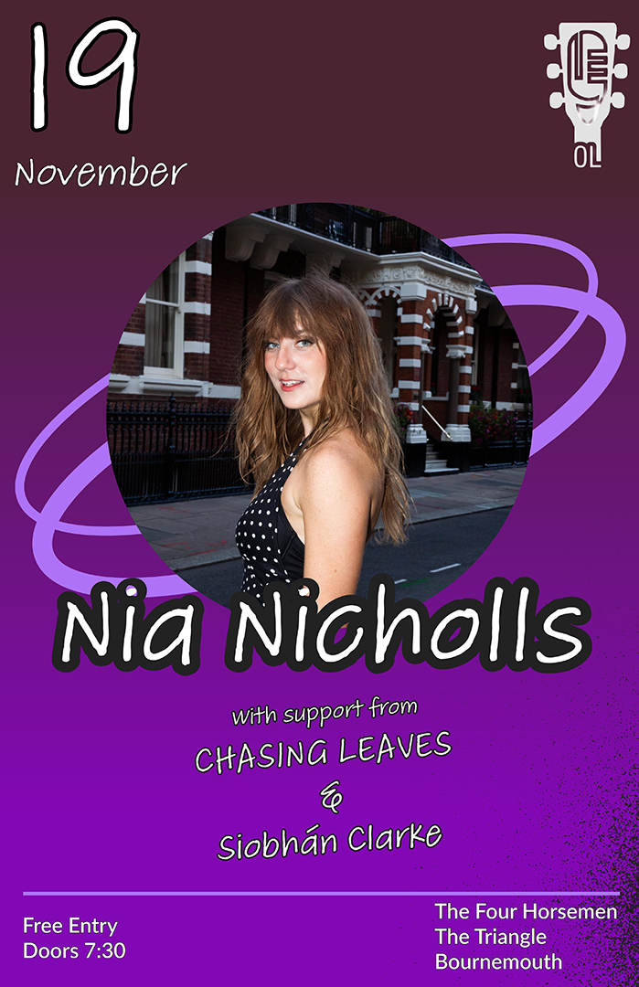 Poster promoting Nia Nicholls, Chasing Leaves and Siobhan Clarke gig at the Four Horsemen, The Triangle, Bournemouth